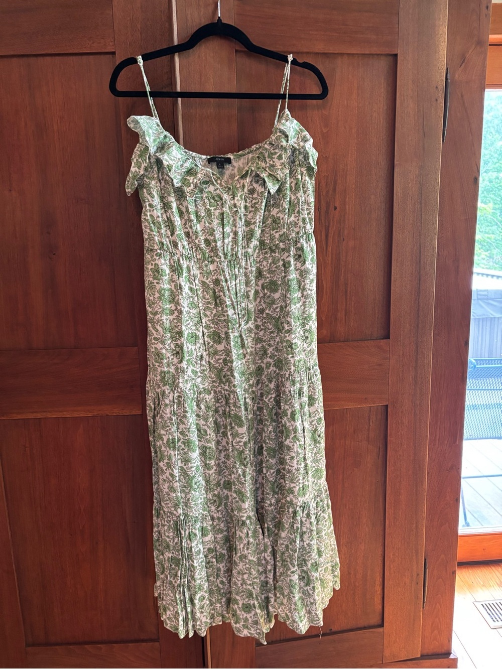 J. Crew White and Green Floral Tie-Neck Dress